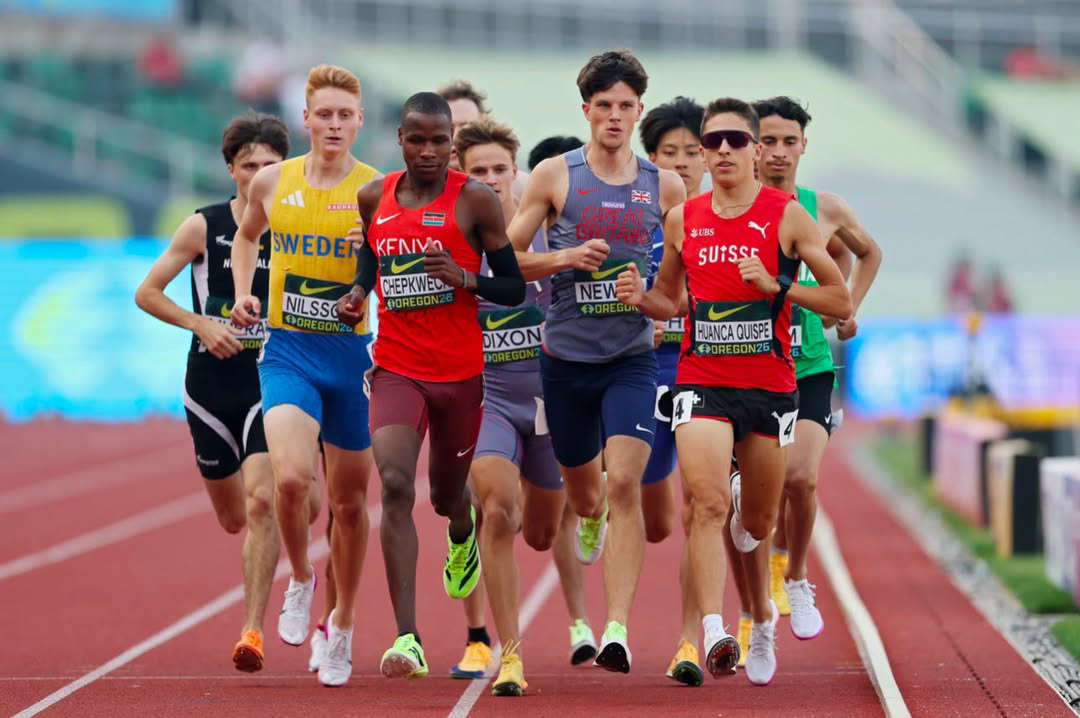 Ethan Newell (centre, Great Britain vest, bib NEW) racing in the World U20 Championships 1500m at Hayward Field, Oregon, alongside Sweden's Nilsson, Kenya's Chepkwony and Switzerland's Huanca Quispe